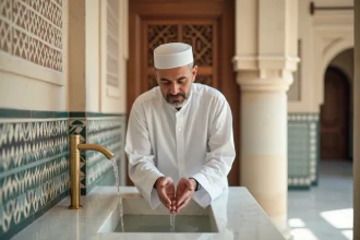 Homme en tenue traditionnelle effectuant les ablutions dans une mosquée à Montpellier avant la prière