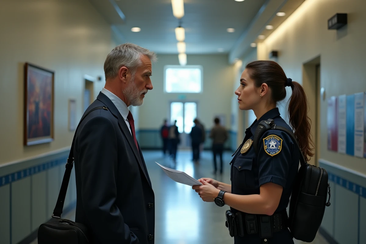 Agent de police aide un citoyen dans un bâtiment officiel