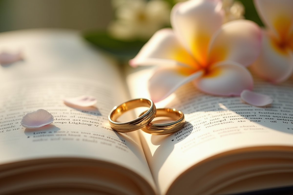 Alliances de mariage sur un livre avec pétales pour l
