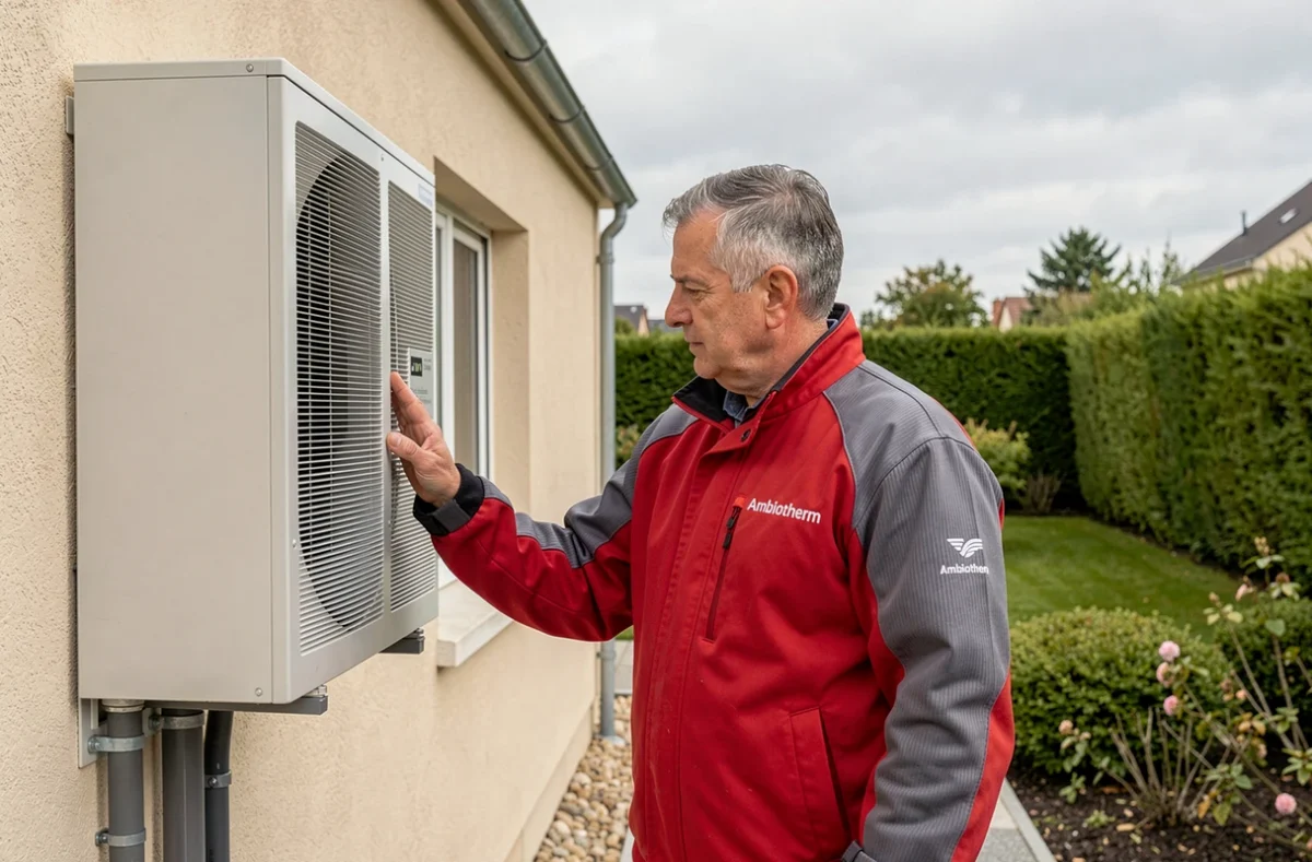 Technicien Ambiotherm vérifiant une pompe à chaleur installée sur la façade d'une maison moderne
