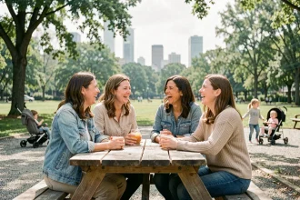 Groupe d'amies réunies autour d'une table de pique-nique dans un parc urbain, avec enfants et poussettes en arrière-plan, illustrant la vie de famille et les nouvelles amitiés