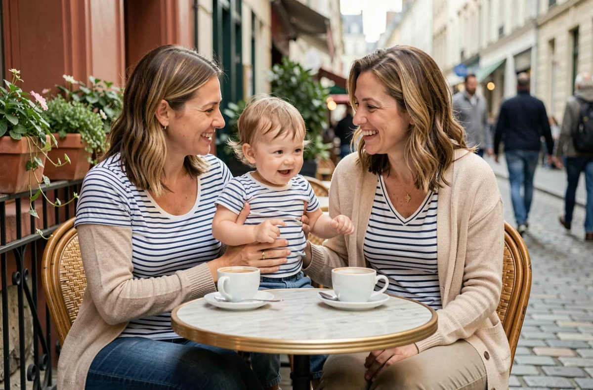 Deux amies discutant en terrasse de café avec un jeune enfant, illustrant l'équilibre entre sorties entre amies et vie de famille