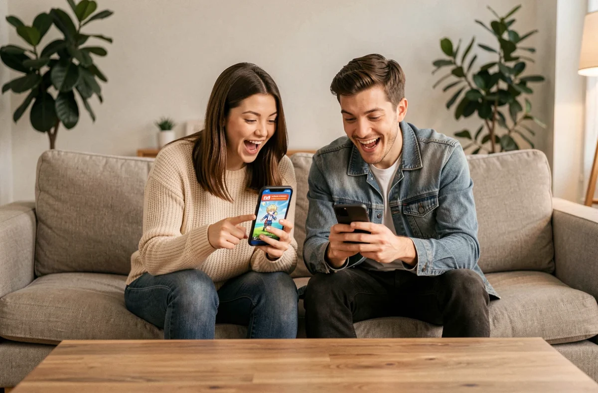 Deux amis joueurs partageant des codes promotionnels sur leurs smartphones pour un jeu anime dans un salon moderne