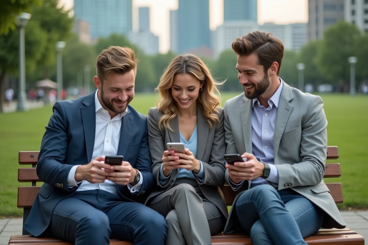 Trois amis discutant stratégie Monopoly Go dans un parc urbain