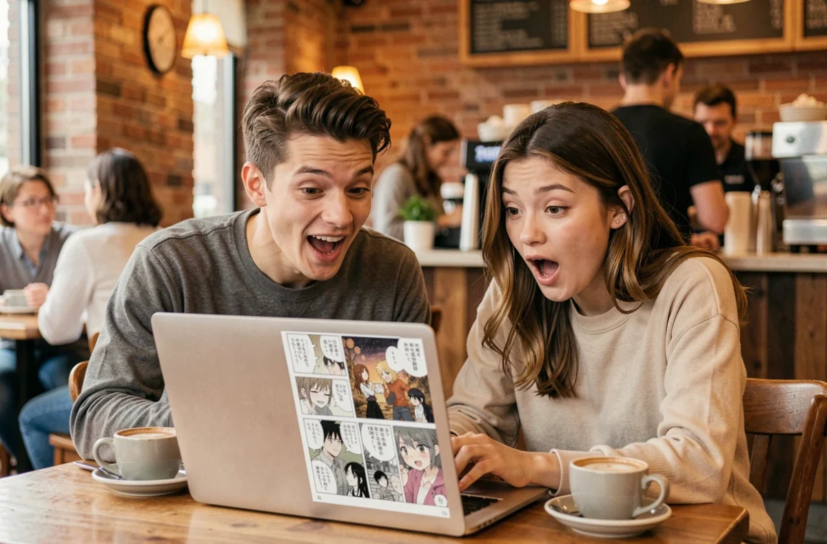 Deux amis découvrant ensemble le dernier scan de One Piece sur un ordinateur portable dans un café