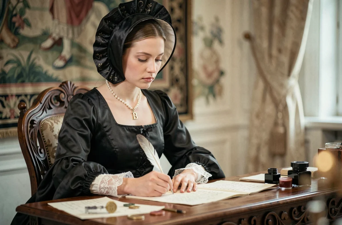 Jeune femme en robe Tudor incarnant Anne Boleyn assise à un bureau en chêne avec une plume et des lettres manuscrites dans une chambre royale du XVIe siècle