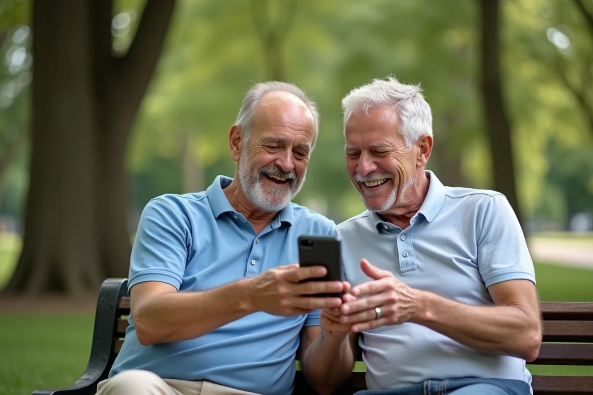 Deux hommes seniors riant ensemble en regardant un message d'anniversaire drôle sur un smartphone dans un parc