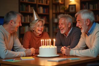 Groupe d'amis adultes riant autour d'un gâteau d'anniversaire lors d'une fête joyeuse et détendue en intérieur