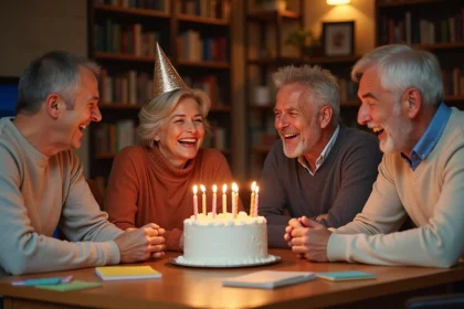 Groupe d'amis adultes riant autour d'un gâteau d'anniversaire lors d'une fête joyeuse et détendue en intérieur