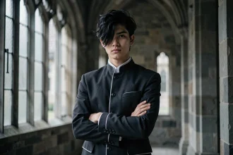 Jeune homme au regard perçant en uniforme sombre dans un couloir gothique d'académie, incarnant l'anti-héros mystérieux d'un univers fantastique sombre