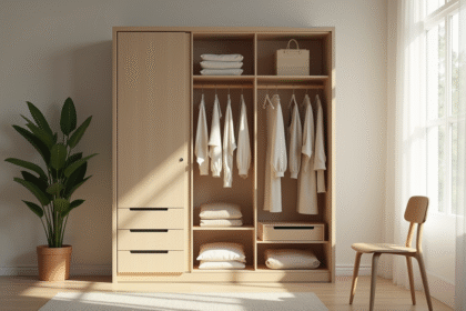 Armoire ouverte avec vêtements neutres et lumière naturelle