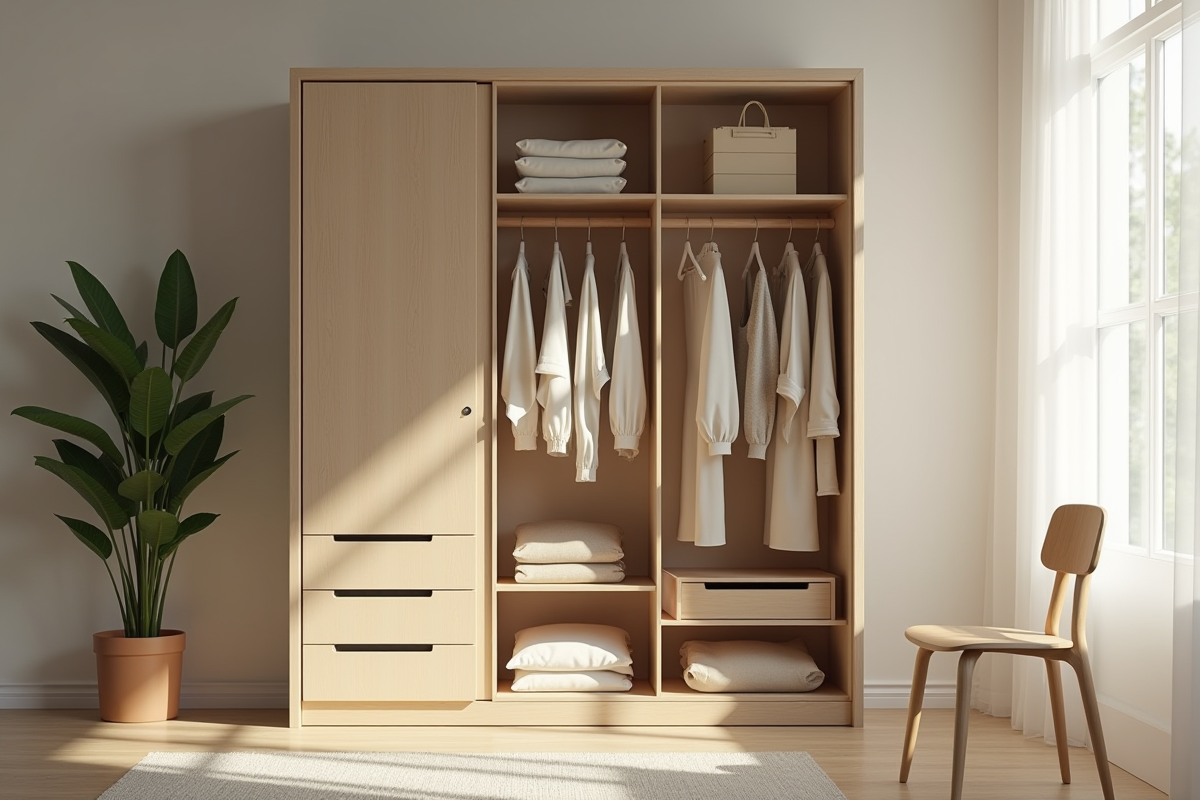 Armoire ouverte avec vêtements neutres et lumière naturelle