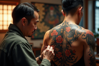 Artiste japonais tatouant un client dans un studio traditionnel