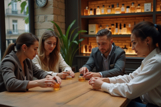 Groupe d'adultes créant des parfums dans un atelier chic parisien