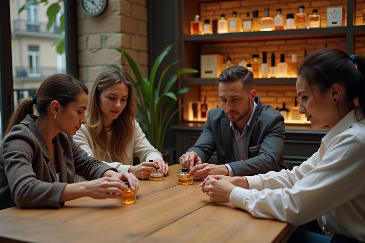 Groupe d'adultes créant des parfums dans un atelier chic parisien