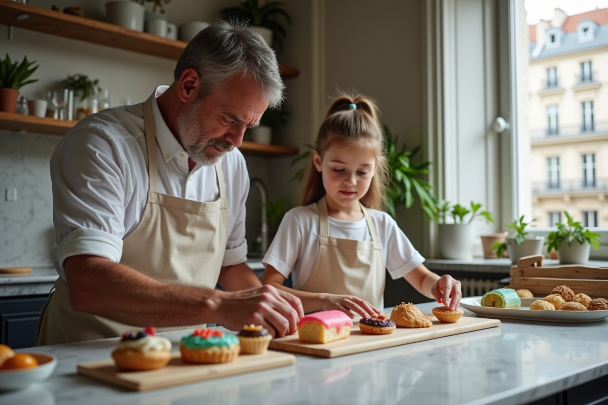 Homme et enfant préparant des pâtisseries dans une cuisine parisienne