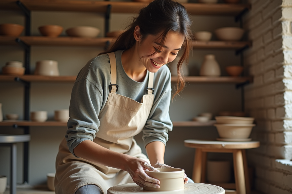 Jeune femme façonnant de la céramique dans un atelier parisien