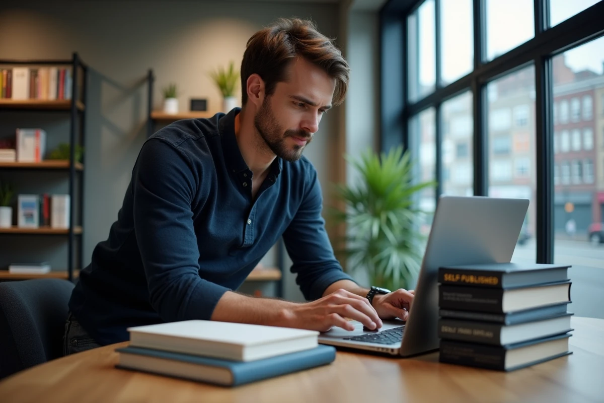 Auteur autoédité travaillant sur la gestion de ses ISBN dans un espace de coworking moderne avec des livres empilés