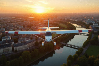 Avion ultralight survolant Nantes au coucher de soleil