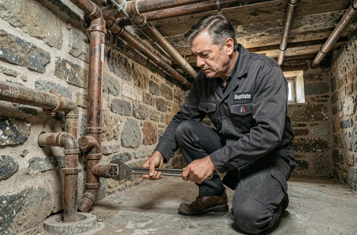 Plombier de l'entreprise Baptiste remplaçant une vieille canalisation en plomb dans une cave en pierre