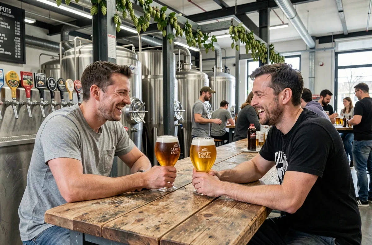 Deux amis dégustant des bières artisanales au Bar Gallia Pantin, brasserie artisanale en Seine-Saint-Denis
