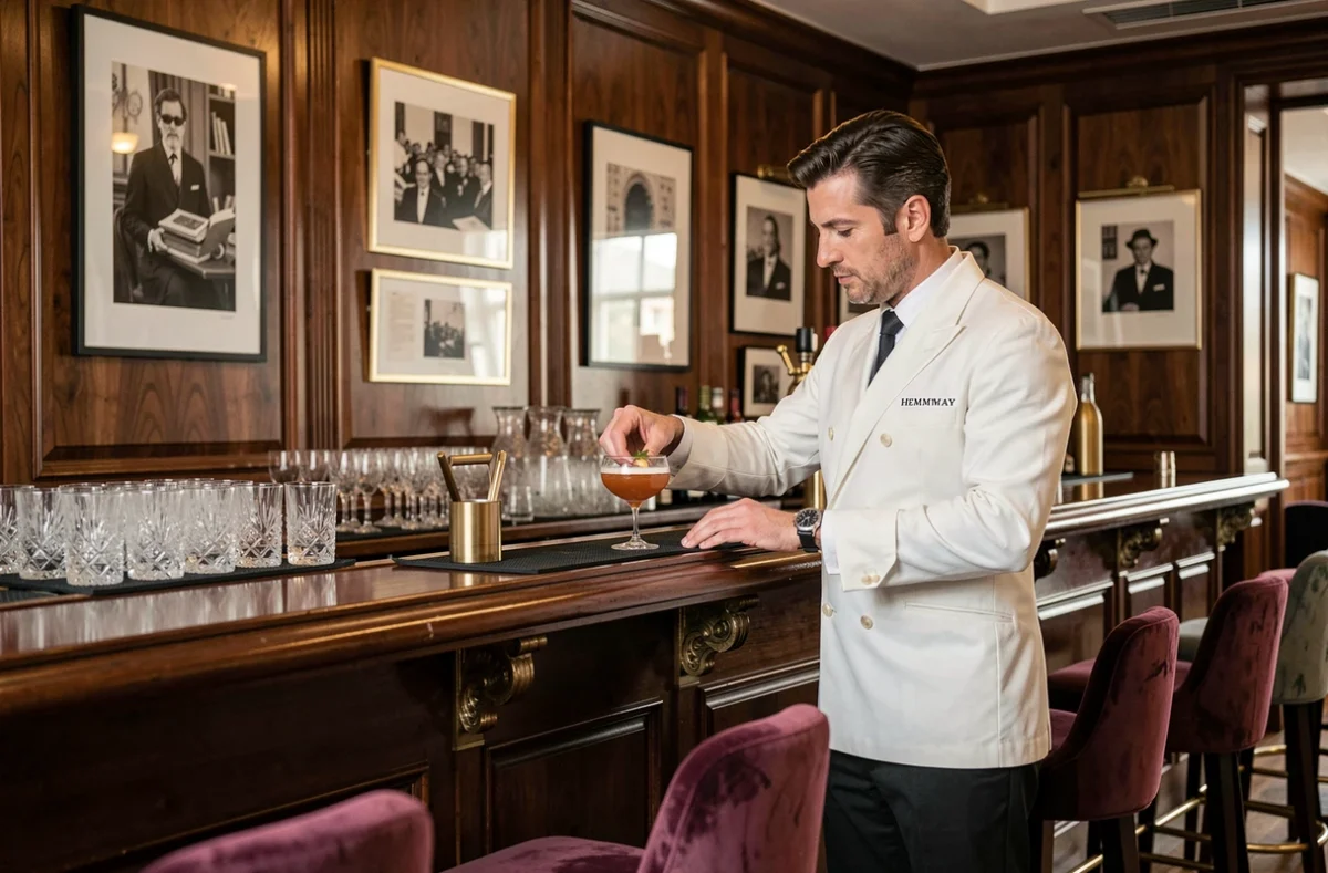 Bartender élégant en veste blanche préparant un cocktail classique au Bar Hemingway, comptoir en acajou et ambiance hôtelière raffinée