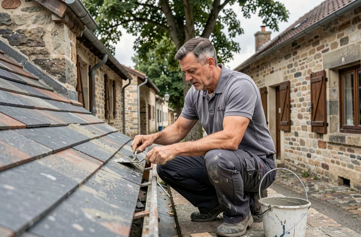 Couvreur de la Société Baverel Couverture inspectant le faîtage d'une maison en pierre en Haute-Saône