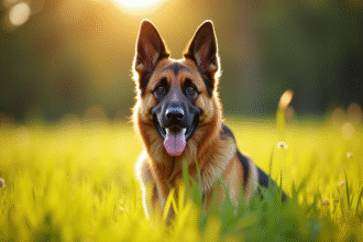 Chien berger allemand dans un champ ensoleille