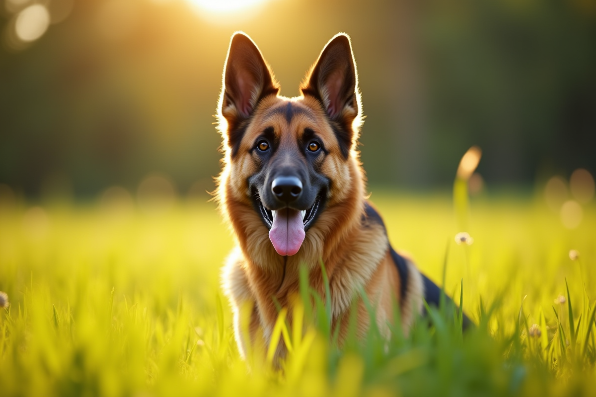 Chien berger allemand dans un champ ensoleille