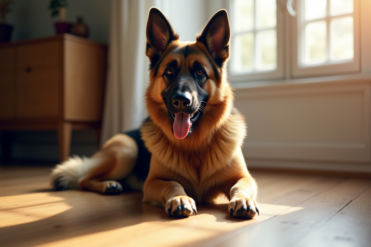 Chien berger allemand allonge sur le sol en intérieur