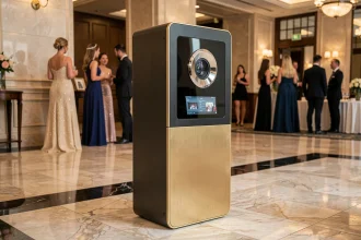 Borne photomaton haut de gamme avec finition métal brossé et écran tactile dans un lobby d'hôtel luxueux