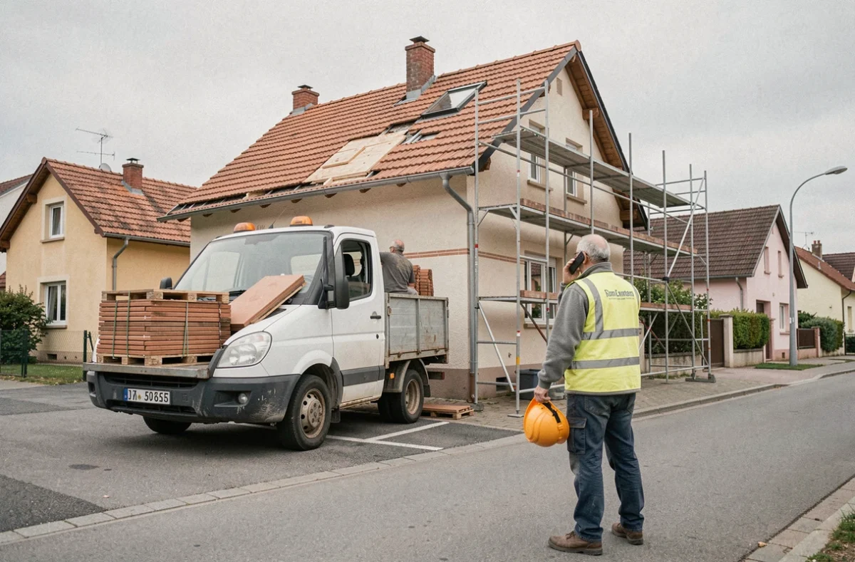 Responsable de la Société Boucard Bâtiment supervisant un chantier de réfection de toiture en Haute-Saône