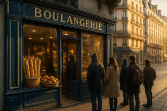 Façade de boulangerie parisienne au matin avec baguettes