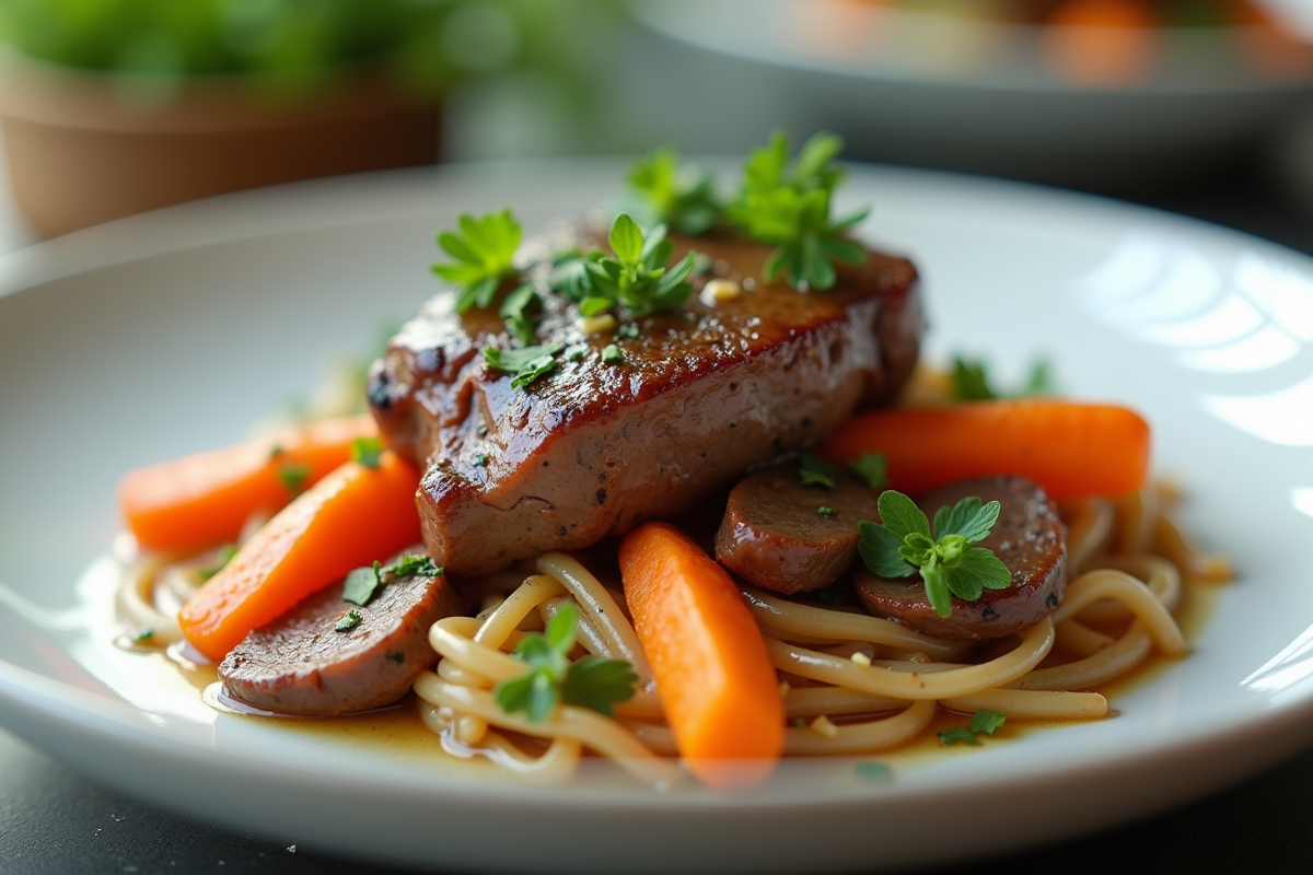 Assiette moderne de bœuf et carottes colorées avec herbes fraîches