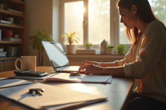 Bureau lumineux avec personne travaillant sur un ordinateur portable