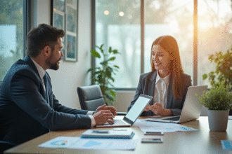 Espace de travail moderne avec lumière naturelle et deux professionnels