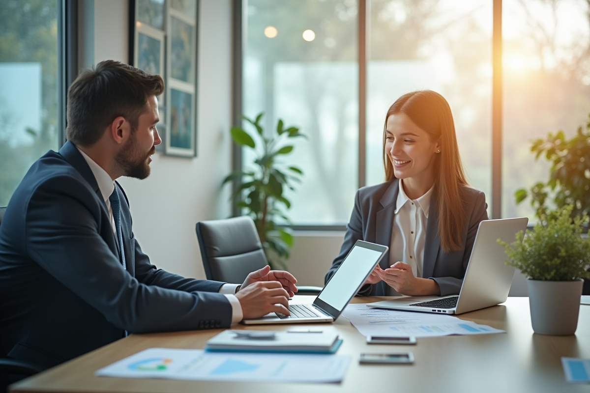 Espace de travail moderne avec lumière naturelle et deux professionnels
