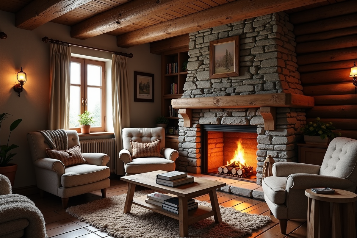 Intérieur rustique avec cheminée en pierre et ambiance cosy