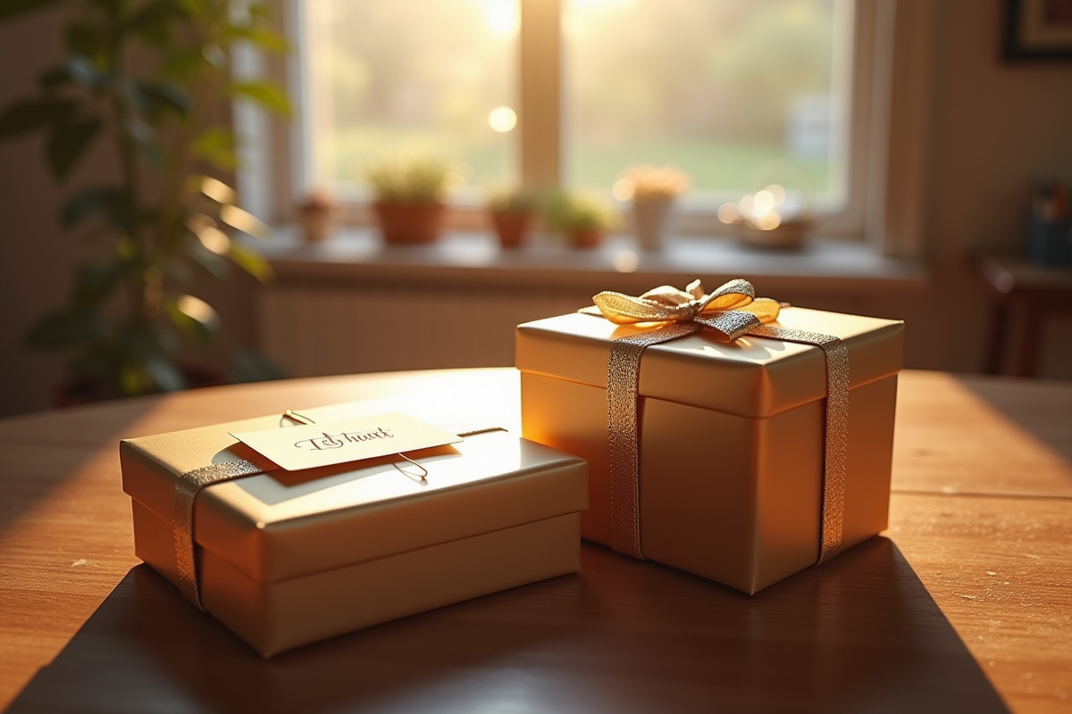 Coffrets cadeaux élégamment emballés avec carte sur une table en bois