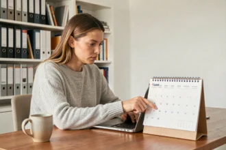 Femme calculant une durée entre deux dates sur un calendrier et un ordinateur portable dans un bureau à domicile
