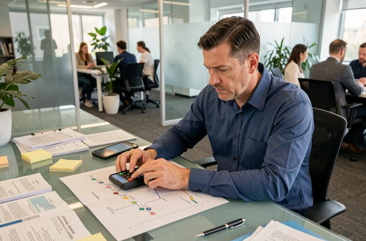 Homme en chemise calculant un intervalle en semaines et mois sur smartphone dans un bureau professionnel