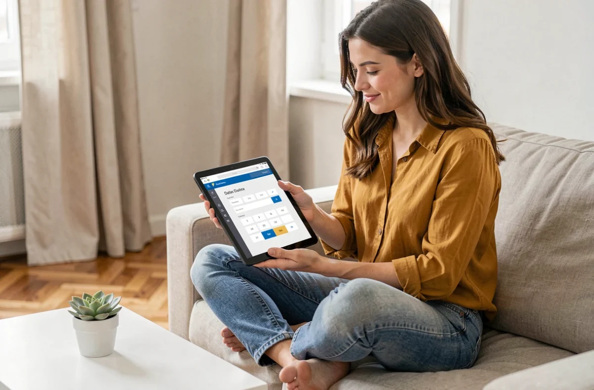 Jeune femme utilisant un calculateur de durée entre deux dates sur tablette dans un salon moderne