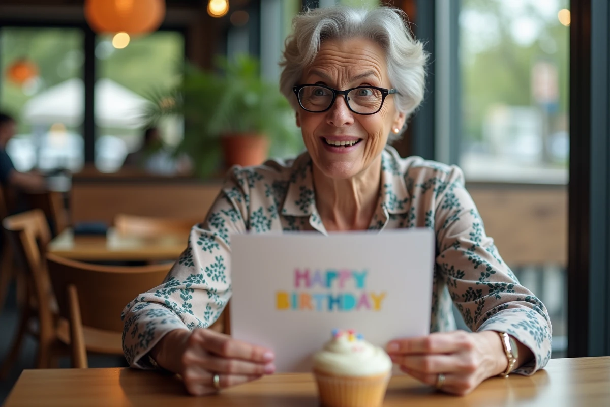 Femme d'âge mûr souriant en lisant une carte d'anniversaire humoristique dans un café chaleureux