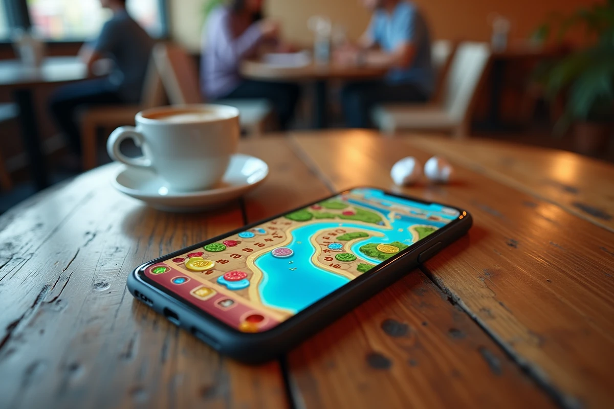 Smartphone affichant une carte de niveaux d'un jeu mobile Candy Crush posé sur une table en bois dans un café