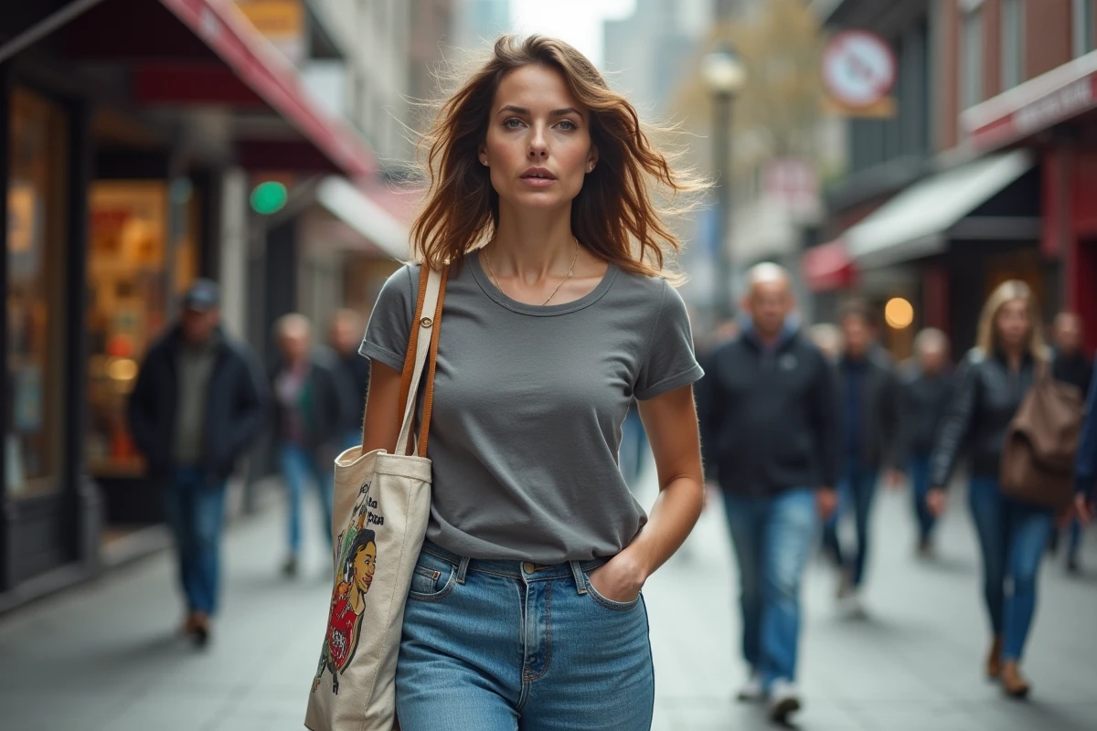 Chanteuse canadienne marchant dans les rues de Montréal affichant son engagement féministe au quotidien