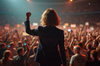 Chanteuse canadienne sur scène levant le poing devant une foule lors d'un concert symbolisant le féminisme