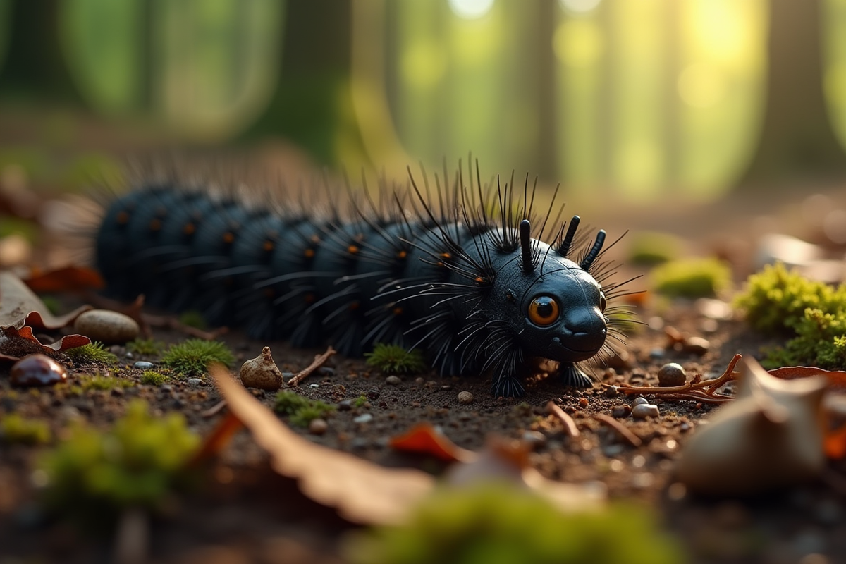 Chenille noire sur sol humide en forêt avec feuilles et mousse