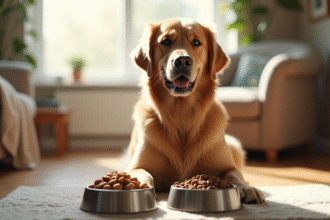 Golden retriever assis devant deux bols de nourriture