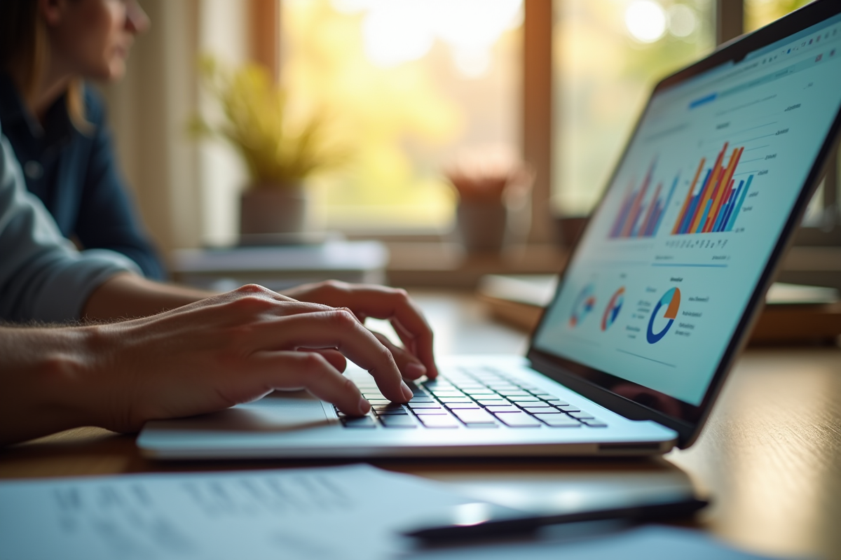 Mains tapant sur un clavier avec graphiques et documents numériques