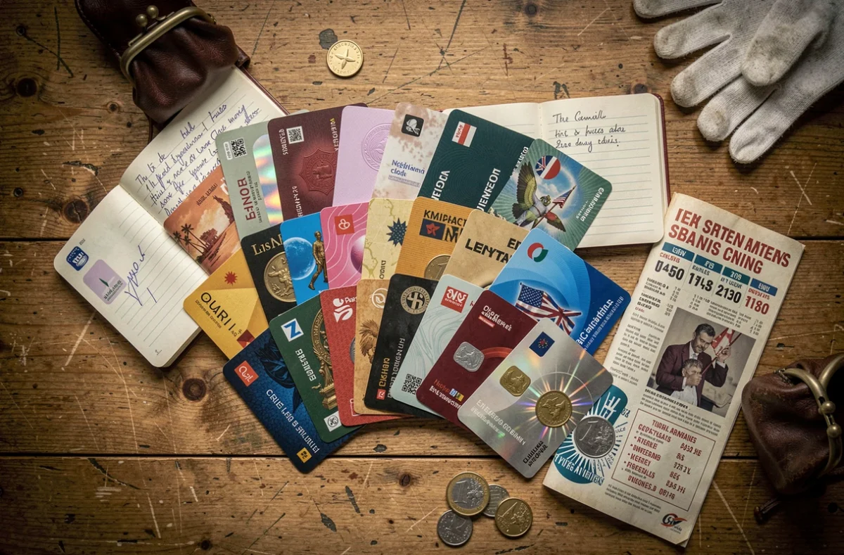 Vue à plat d'une collection de cartes téléphoniques du monde entier sur un bureau en chêne avec carnet de notes et guide des prix